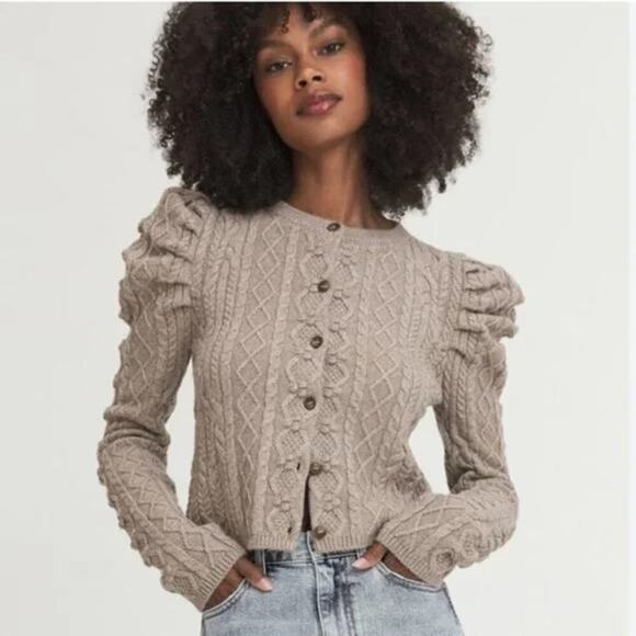 Something Navy Sweaters - Something Navy Charlie Puff Sleeve Cable Knit Cardigan in Oatmeal Color